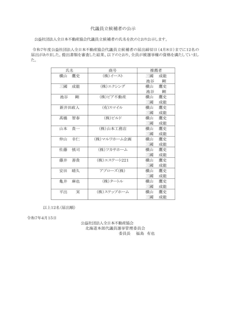 全日代議員立候補者の公示のサムネイル
